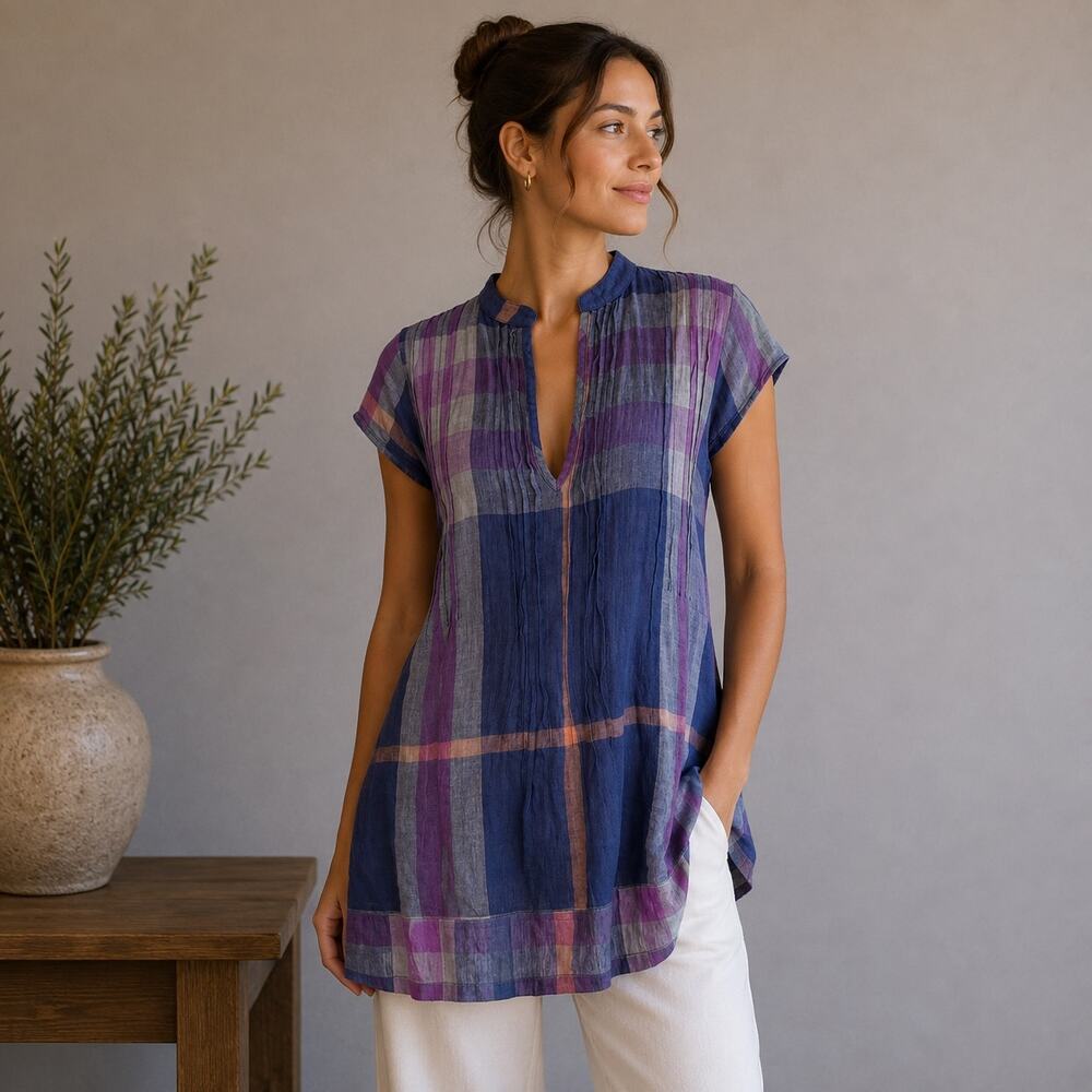 CP Shades Navy Magenta Plaid Short Sleeve Tunic Small